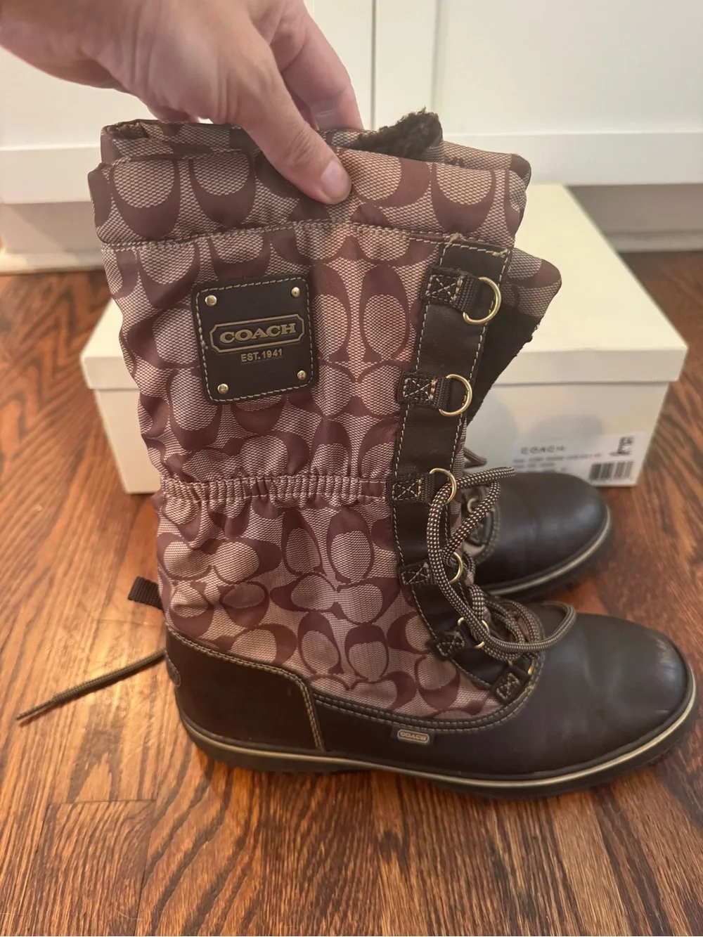 COACH Women's Brown Signature Logo Lace-Up Winter Boot 9.5